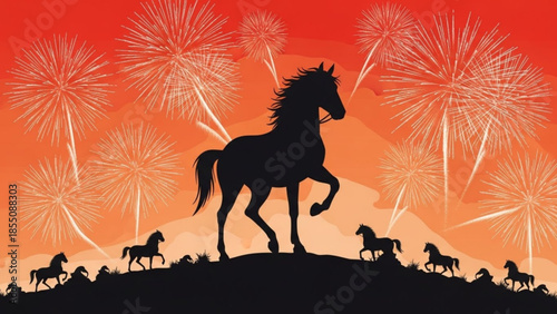 A majestic horse stands proudly on a hill with fireworks exploding in the vibrant orange and red sky behind it.