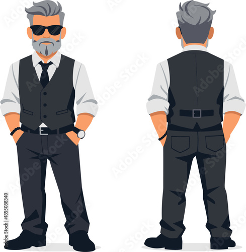 Stylish mature man with grey hair and beard, front and back view