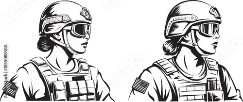 Military female soldier portrait with tactical gear and helmet american flag on sleeve