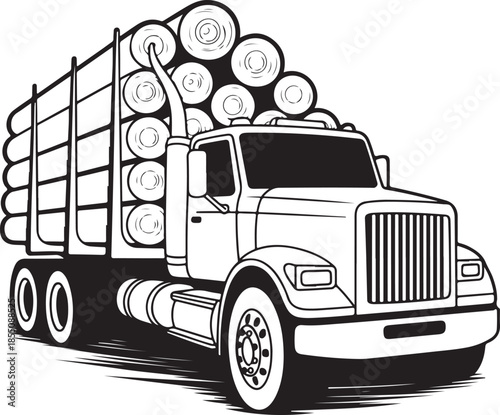 Logging truck with cargo of logs side view black and white cartoon