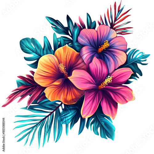 Tropical Hibiscus Flowers with Colorful Leaves Illustration