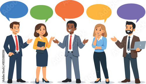 Diverse group of business people in conversation with speech bubbles