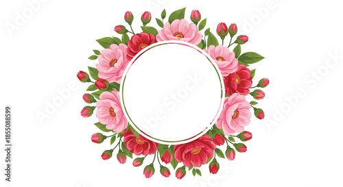 Beautiful circular wreath of pink and red roses with many small buds and green leaves on a clean white background.