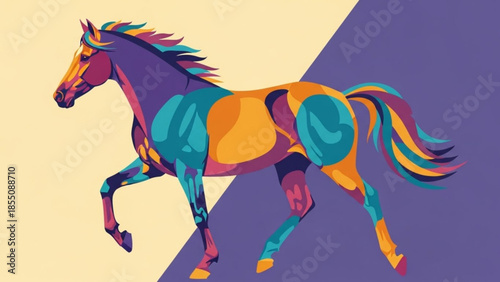 A colorful illustration of a horse in motion with a modern abstract design on a contrasting background