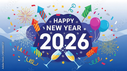 A colorful New Year's Eve celebration graphic with Happy New Year 2026 written in large white text on a blue background