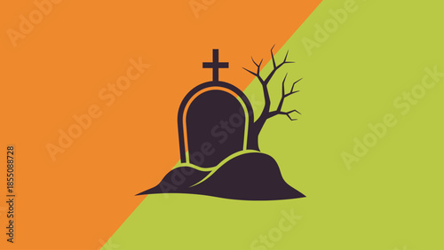Halloween Tombstone and Spooky Tree Icon on Orange and Green Background