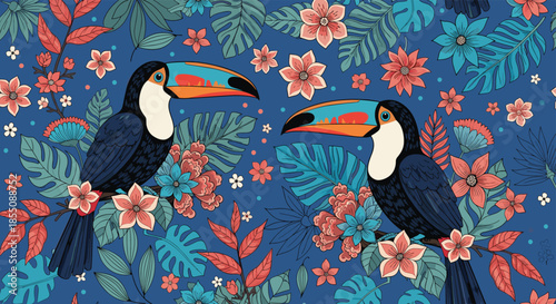 Vibrant tropical seamless pattern featuring pairs of toucans among lush green jungle foliage and colorful hibiscus flowers.