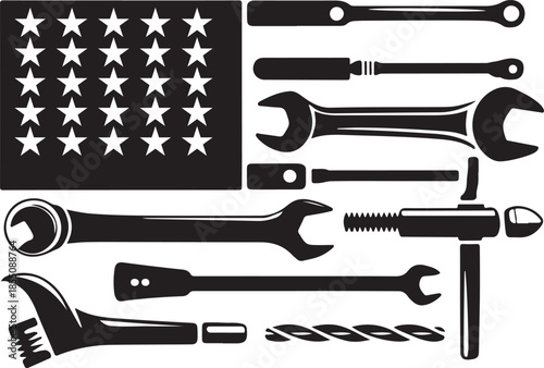 Set of workshop tools icons american flag shape with wrenches and drill bits