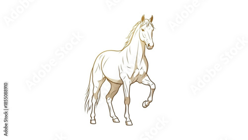 A white horse with a golden outline is depicted in a dynamic pose with one leg raised and its head turned to the right
