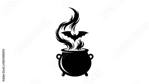 Halloween Witch Cauldron with Bat Silhouette and Fiery Smoke
