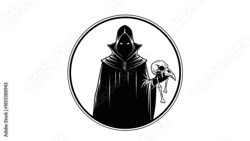 Mysterious Hooded Figure Holding Bird Skull and Bones Emblem