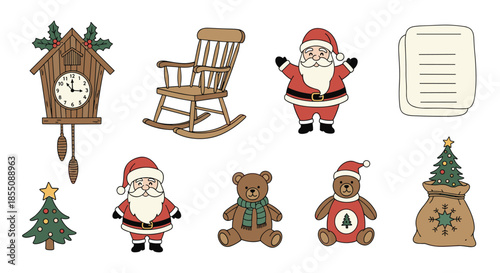 Set of charming Christmas illustrations including Santa Claus a rocking chair cuckoo clock teddy bears and holiday trees.