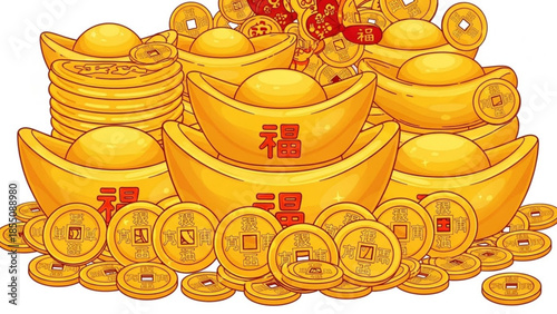 Pile of golden ingots and coins with chinese characters on white background, prosperity symbol