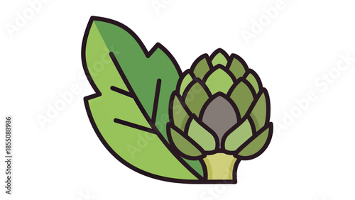 Artichoke with Leaf Icon - Flat Design, Vector Illustration