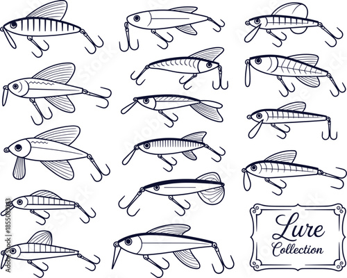 Black and white fishing lure line art collection, vintage bait designs, hand drawn tackle illustrations for angling projects