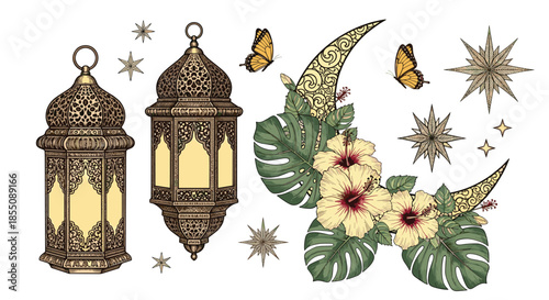 Collection of ornate golden Ramadan lanterns a floral crescent moon stars and butterflies for Islamic holiday decorations.