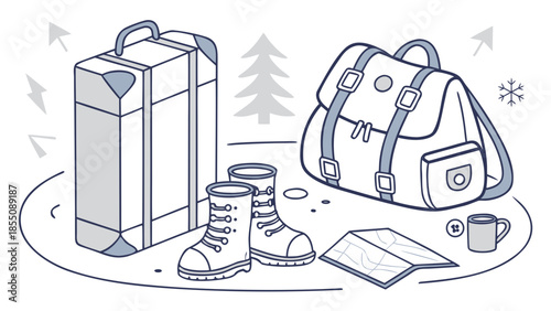 Hiking gear laid out for a winter adventure