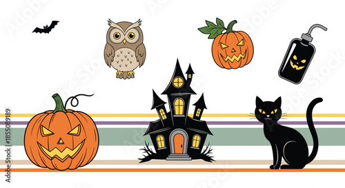 Fun Halloween clip art set with orange pumpkins a spooky haunted house a black cat and an owl on a colorful striped ground.