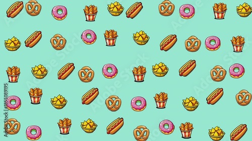 Variety of appetizing fast food items like donuts, pretzels, fries, hotdogs perfect for food blogs, menus, and promotions.