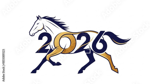 2026 horse logo design with gold and navy blue elements on white background, symbolizing speed