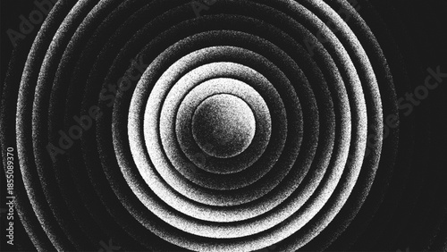 Spiral stippling art with twisted concentric circles creating an illusion of rotation, depth and continuous flow for posters, album covers, interior design. Pointillism. Noisy grainy shading. Vector