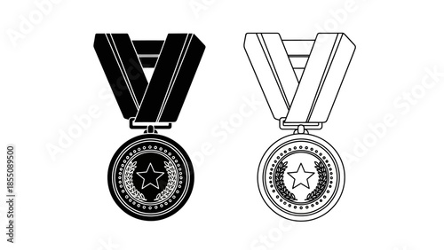 Two medal designs one dark and one light with circular medallions and ribbons