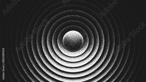 Geometric stippling design with layered concentric circles. Minimalist black and white artwork rendered through fine stippling dots with rhythm, symmetry, visual depth and optical vibration. Vector