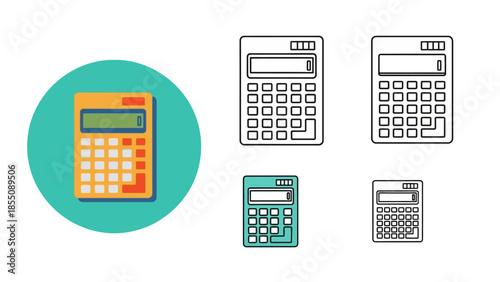 Collection of calculators in various sizes and styles outlined and colored