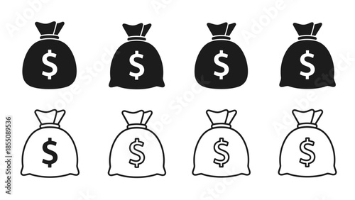 Simple black and white icons depicting bags of money with dollar signs