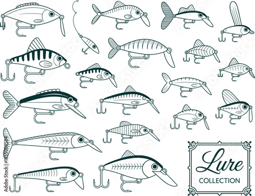 Black and white fishing lure line art collection, vintage bait designs, hand drawn tackle illustrations for angling projects