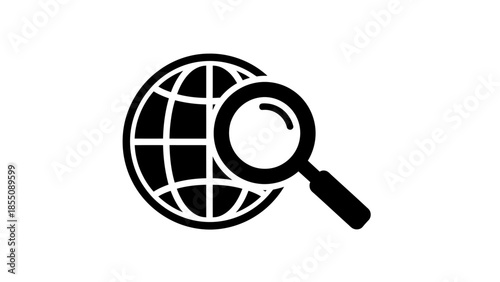 A black and white illustration of a globe being examined with a magnifying glass