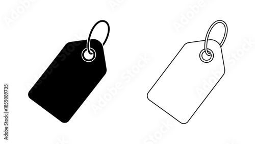 Two simple tag icons one black and one white with metal rings