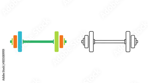 Colorful dumbbell illustrations in varying styles and a black and white outline