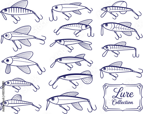Black and white fishing lure line art collection, vintage bait designs, hand drawn tackle illustrations for angling projects