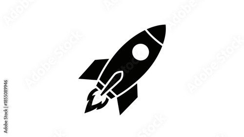 A simple black silhouette of a rocket launching with visible exhaust flames