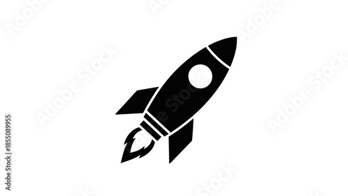 Simple black and white illustration of a rocket ship taking off