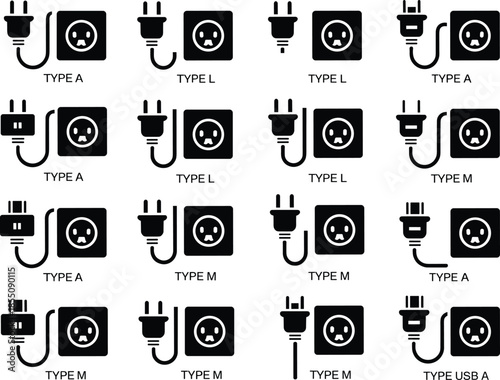 Black electrical plug and socket types icon set showing international power standards, connectors and charging interfaces illustration