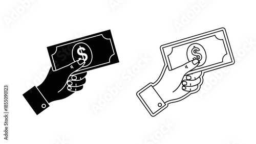 Black and white illustration of hands exchanging money or currency notes