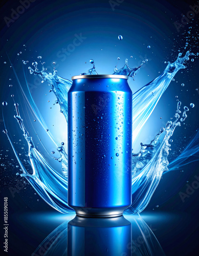 Blue Aluminum Energy Drink Can with Dynamic Water Splash Background