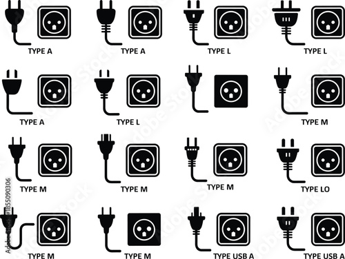 Black electrical plug and socket types icon set showing international power standards, connectors and charging interfaces illustration