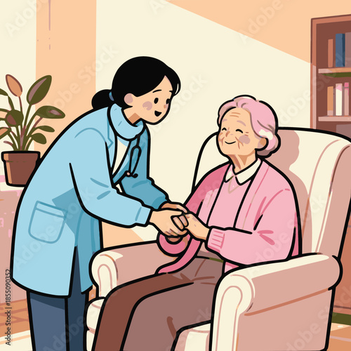 Elderly Woman Receiving Care from Healthcare Worker in Nursing Home
