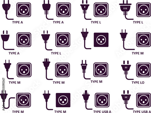 Black electrical plug and socket types icon set showing international power standards, connectors and charging interfaces illustration