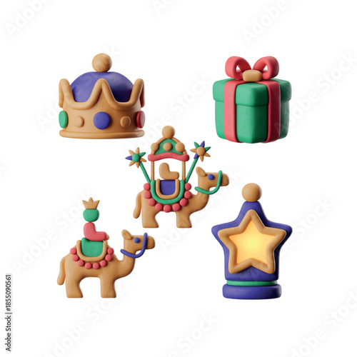3D Clay Icons for Three Kings Day Crowns, Camels & Gifts