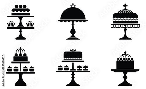 elegant cake stand silhouettes vector set for dessert display bakery shop table decoration wedding party dessert presentation illustration design elements.