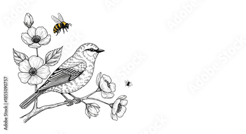 Artistic black and white sketch of a bird perched on a blossoming fruit tree branch with bees flying nearby on a white background.