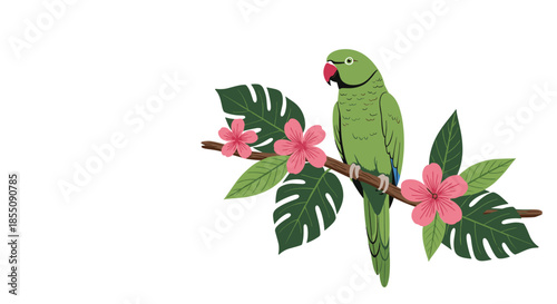 Exotic green parrot perched on a wooden branch surrounded by tropical hibiscus flowers and monstera leaves on a clean white background.