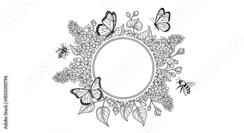 Intricate black and white circular frame design composed of lilacs and foliage with butterflies and bees for elegant stationery art.