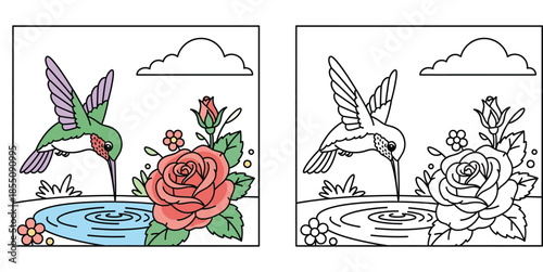 Cute Cartoon Hummingbird Drinking Water from a Pond next to a Beautiful Red Rose Flower, Kids Nature Illustration with Garden Background, Sky, and Clouds