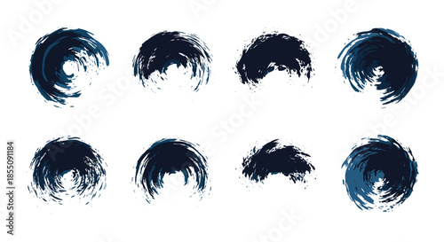 Set of abstract circular brush strokes in dark blue ink showing expressive textures and artistic movements on a plain white background.