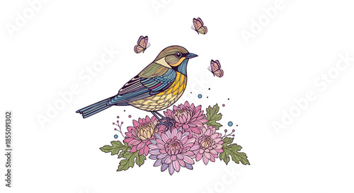 Beautiful songbird with blue and yellow plumage perched atop a cluster of pink chrysanthemum flowers with small butterflies and bubbles.